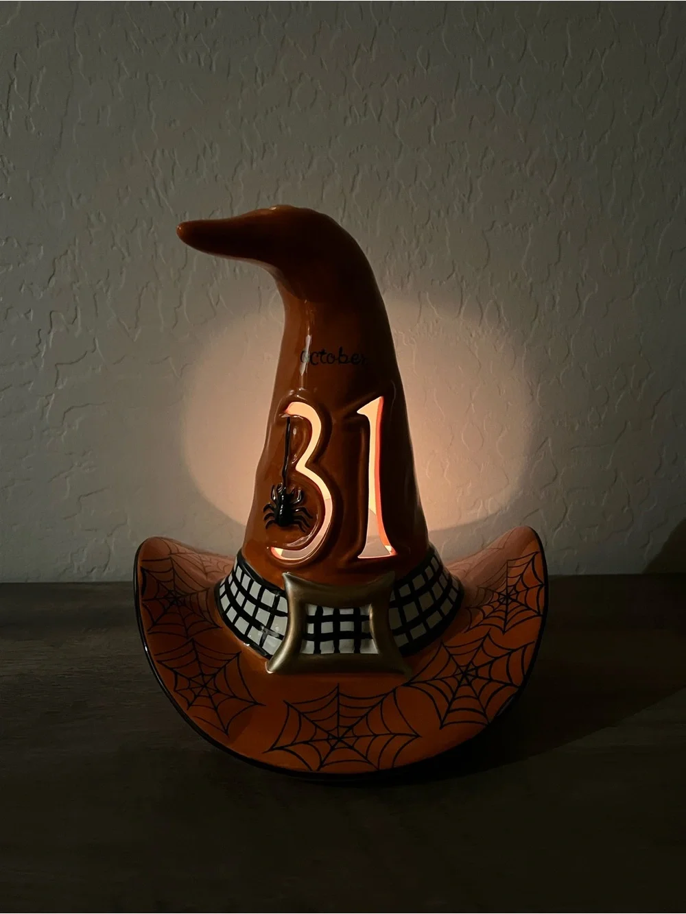 Blue Sky October 31 Orange Spider Web Witch Hat Ceramic Halloween Candle Holder